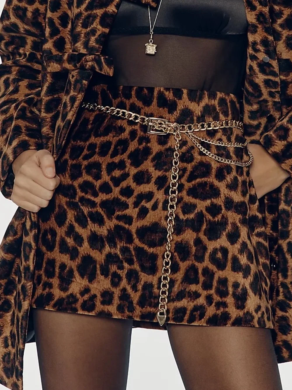 Avec Les Filles Leopard Print Mini Skirt with Gold Belt Detail